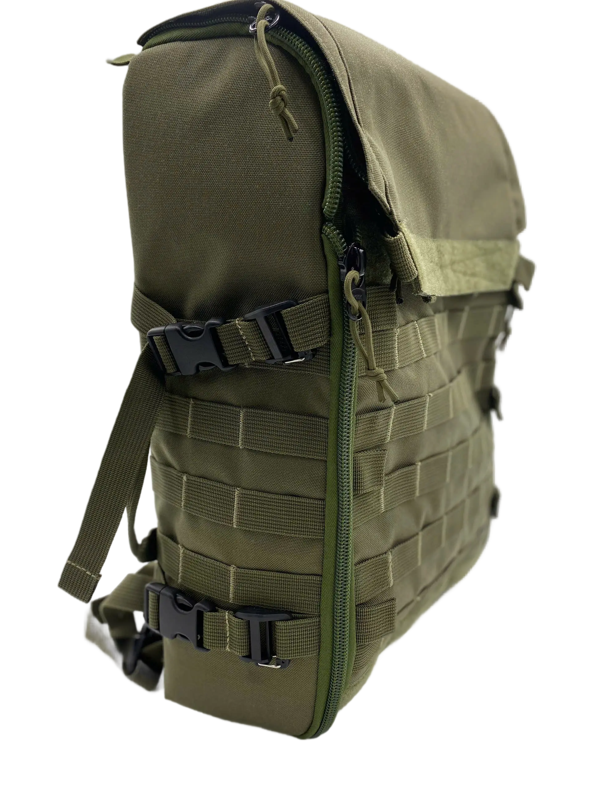 Angled side view of the olive medical backpack showing the green clamshell zipper edge, MOLLE grid, and two black quick-release buckles