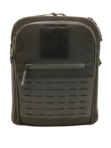 Front face view of the olive green tactical backpack showing hook-and-loop patch, zippered pocket and MOLLE grid