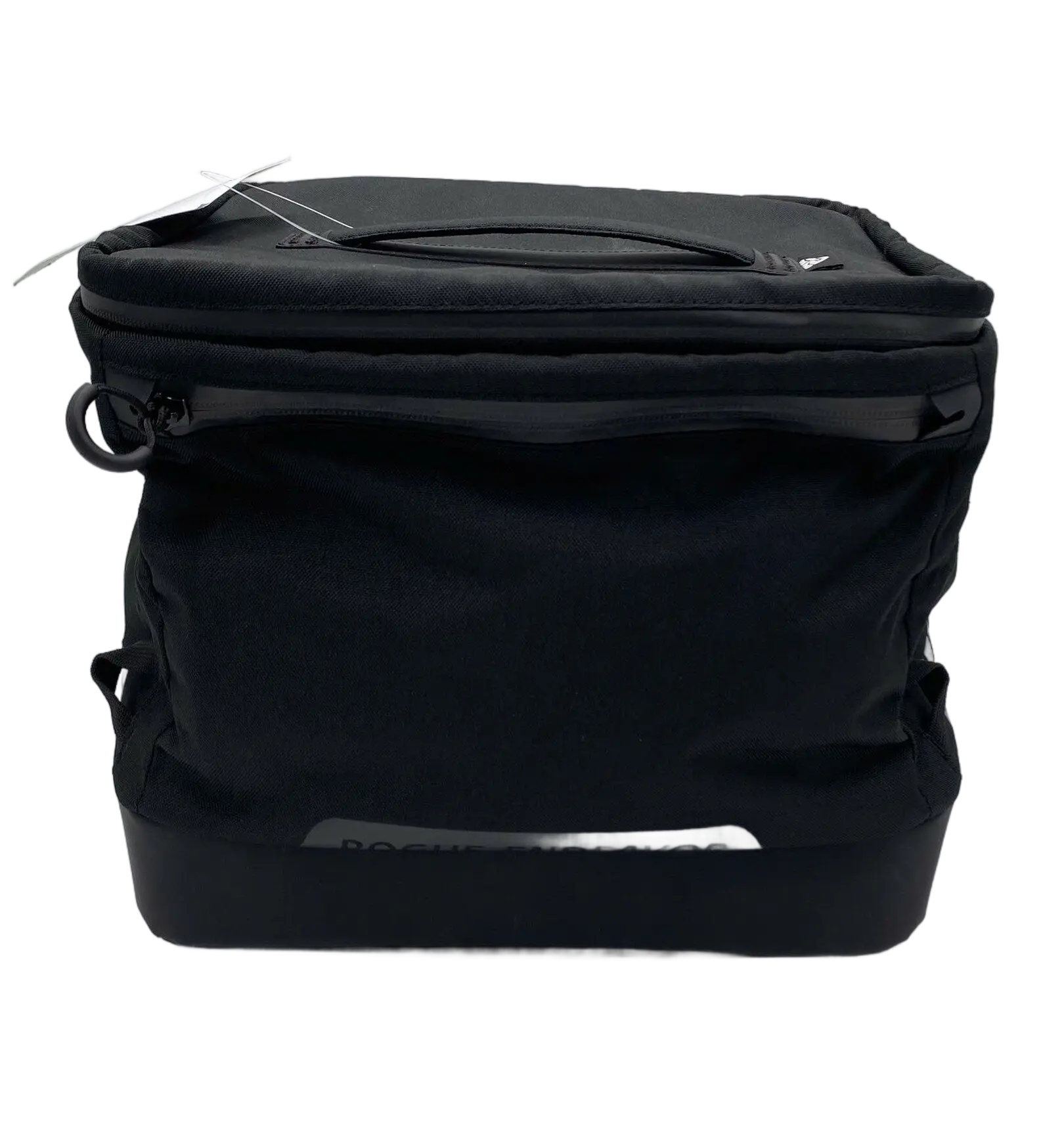 Front view of the compact 20L black fishing duffle with top carry handle, zippered closure, and waterproof base panel