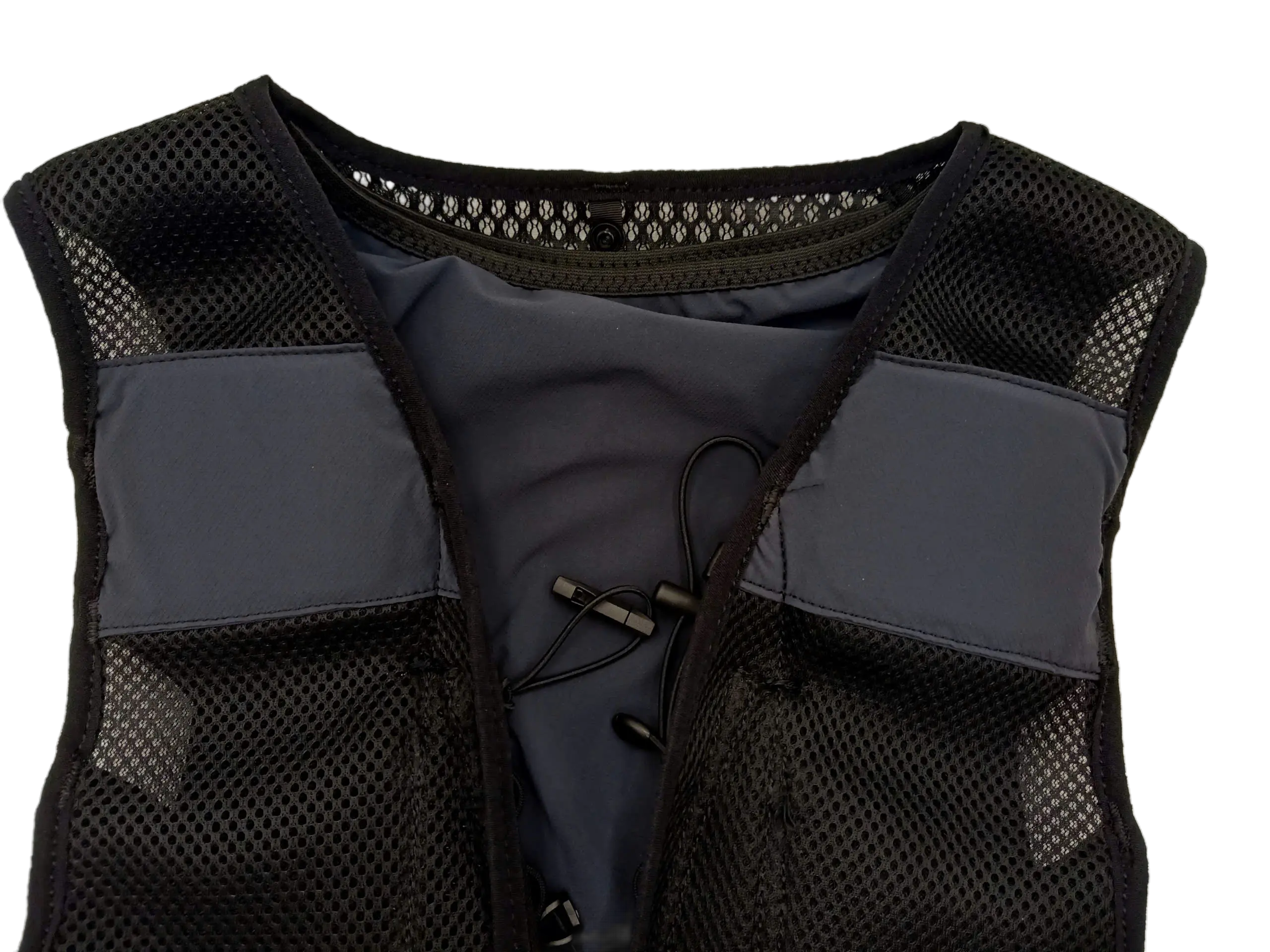 Upper chest area of the vest showing the elastic cord adjustment system and breathable mesh shoulder panels