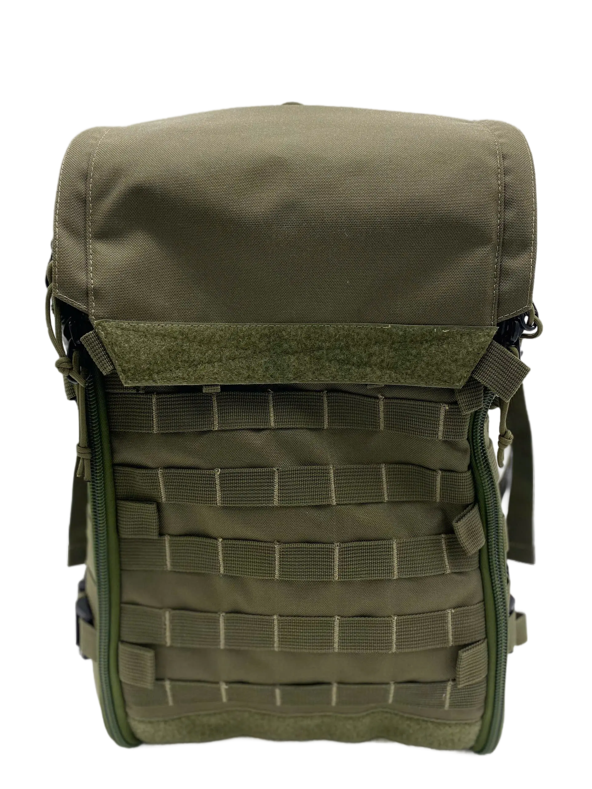 Front view of the closed olive Cordura backpack with a hook-and-loop patch panel above a full MOLLE webbing grid