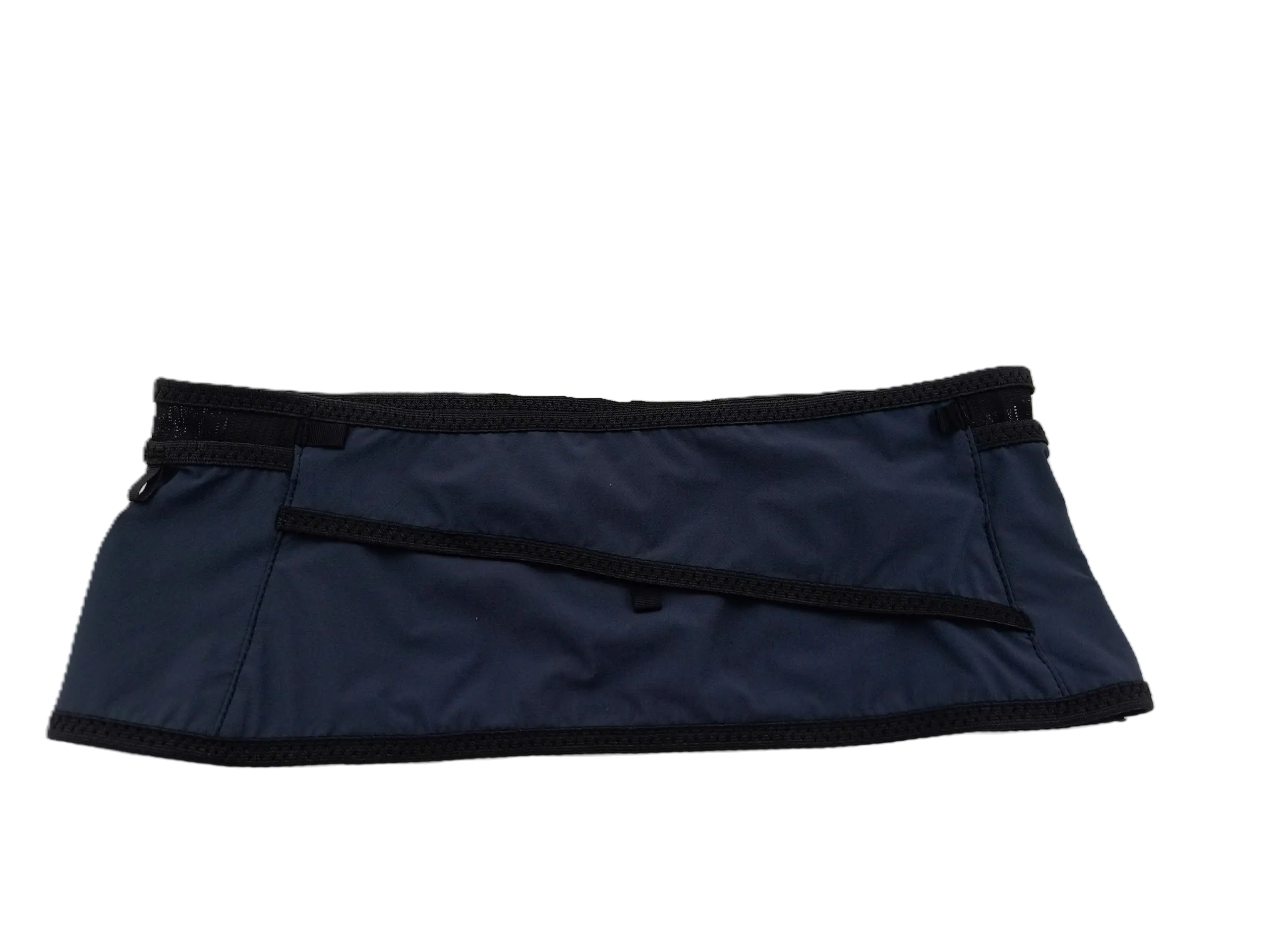 Angled view of the navy blue trail running belt with a diagonal black strap across the front pocket and braided bottom edge