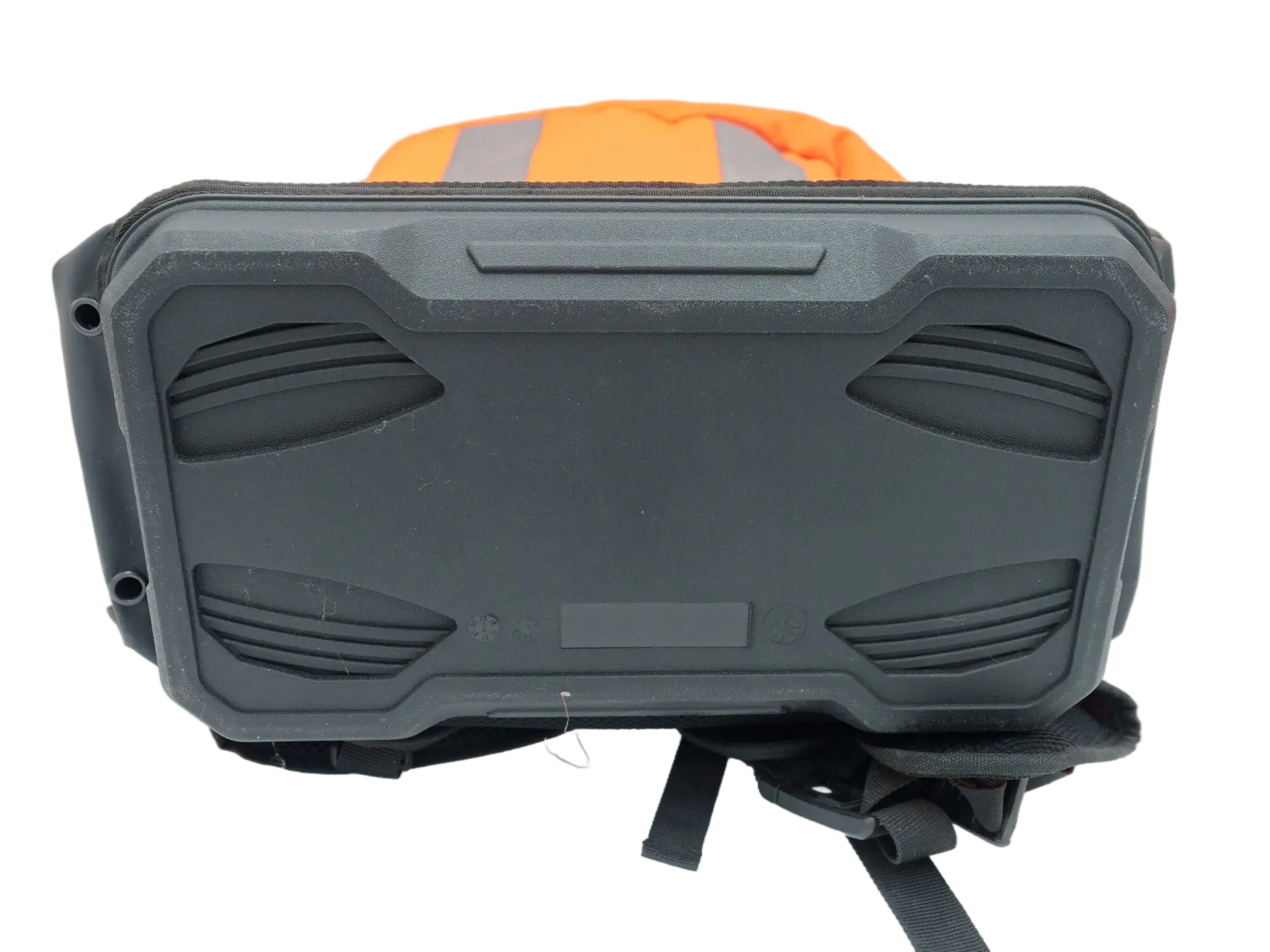Bottom view of the backpack showing the hard dark grey ABS injected base with molded ribbing and anti-slip feet