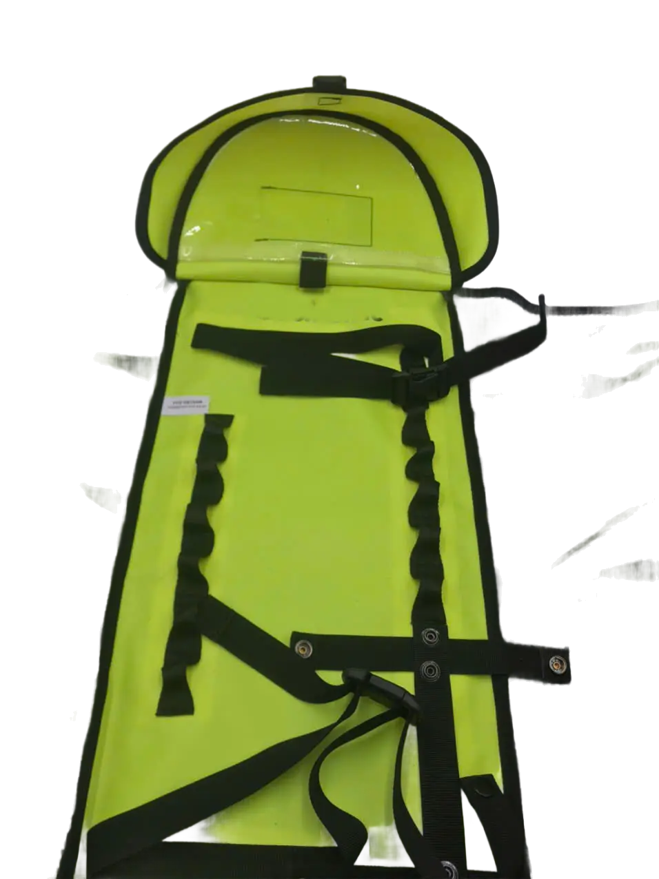 Interior view showing the document pocket, yellow inner panels, and black adjustable buckle straps for securing equipment