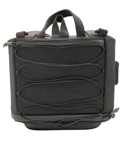 Rear view of the dark grey tactical backpack showing bungee cord retention system and top carry handles