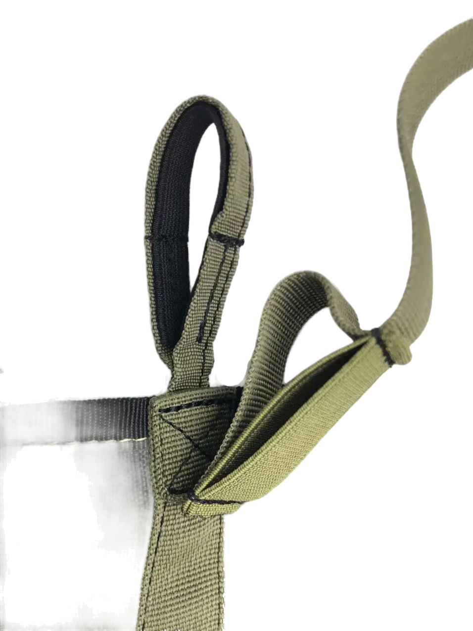 Detail of olive webbing carry handle and retention strap buckle on the stretcher side