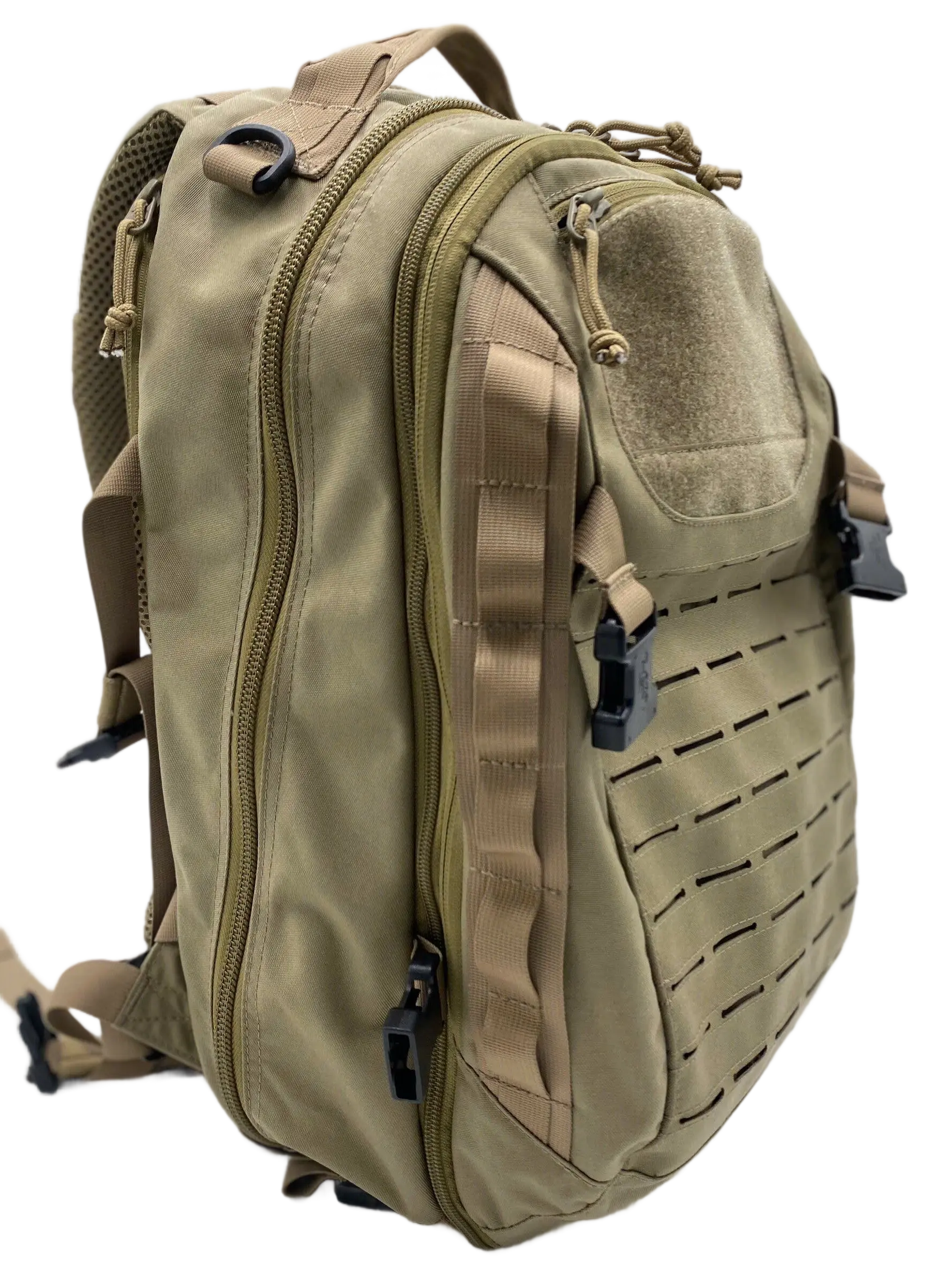 Three-quarter right view of the tan 20L backpack with main compartment zip, hook-and-loop patch, and laser-cut MOLLE panel