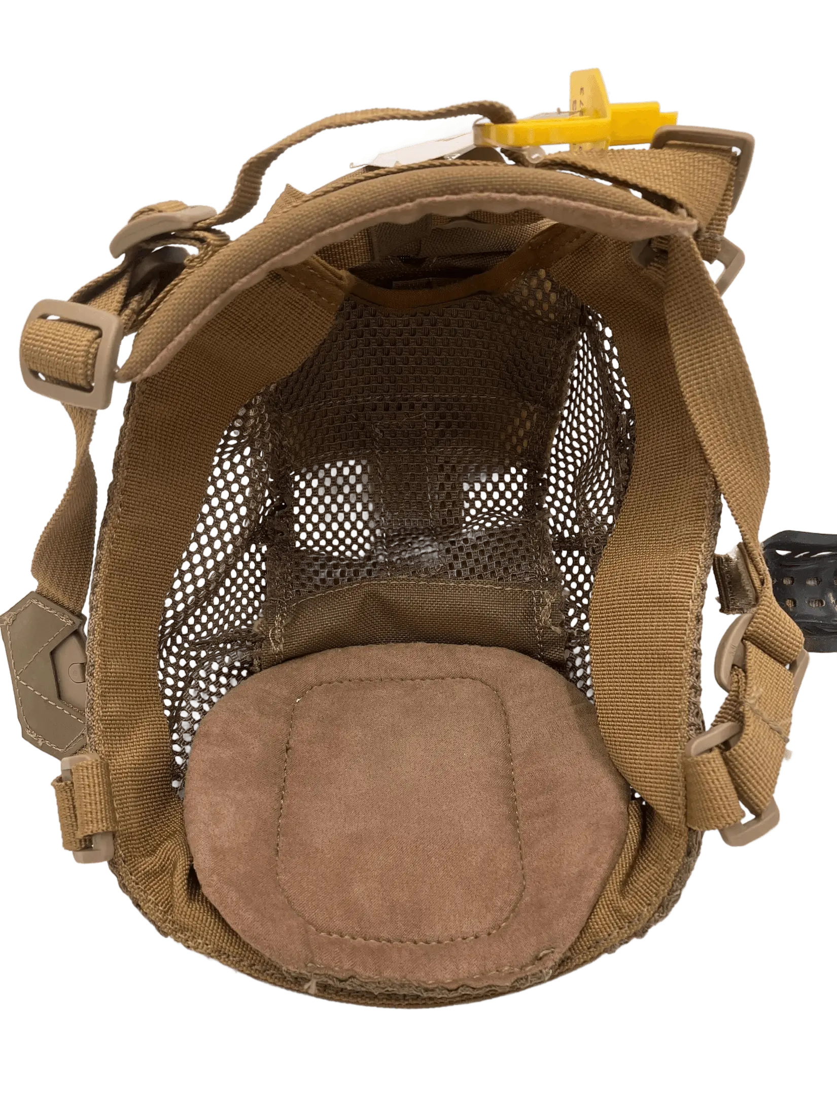 Bottom-up interior view of the head mount showing padded foam crown pad, mesh lining, and tan webbing adjustment straps