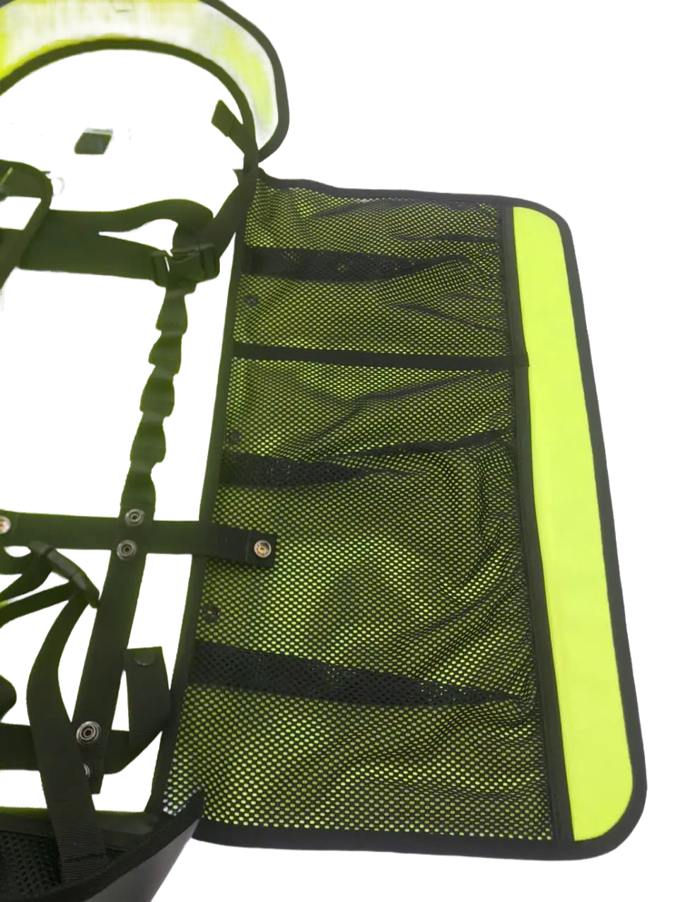 Close-up of the modular mesh organizer panel with high-visibility yellow edging and multiple divided storage sections