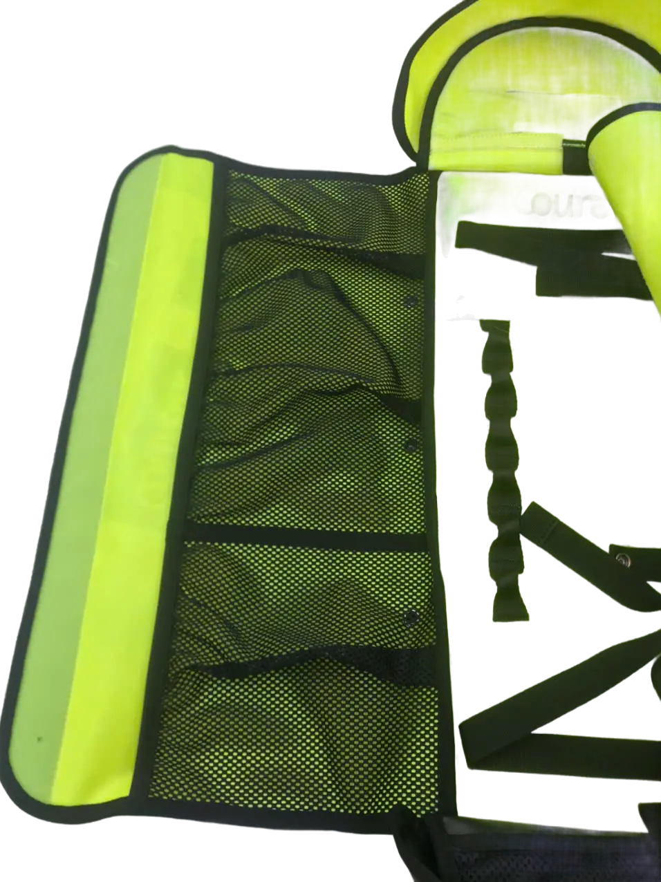 Two interior mesh panels laid open showing separate storage sections, document pocket, and black adjustment straps