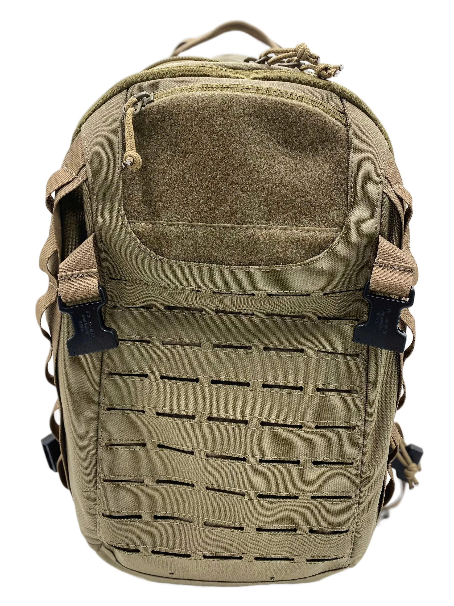 Front view of the detachable 5L mini-backpack with hook-and-loop patch, laser-cut MOLLE grid, and black buckle clips
