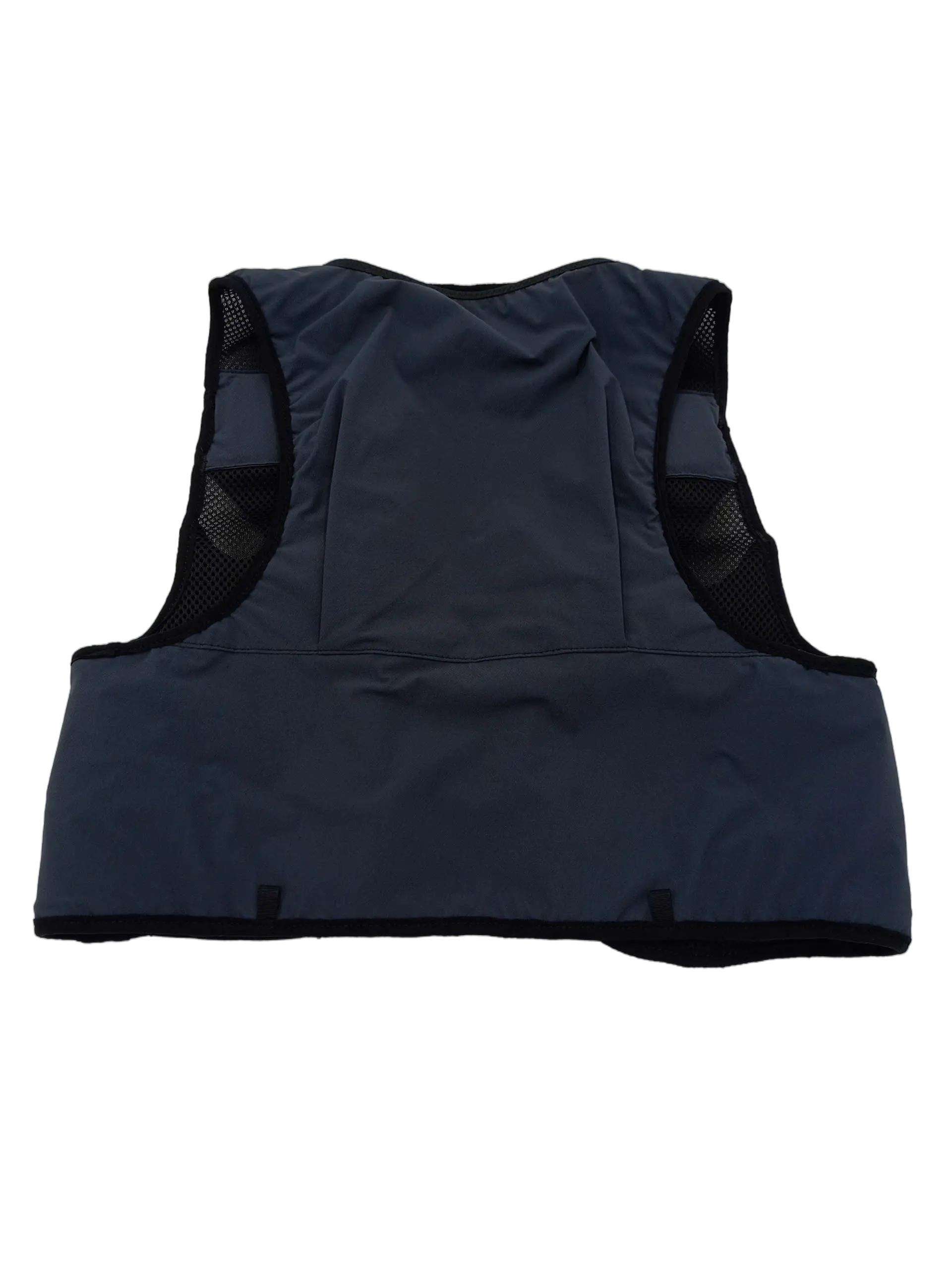 Rear exterior view of the trail running vest showing the grey storage panel and mesh side ventilation zones