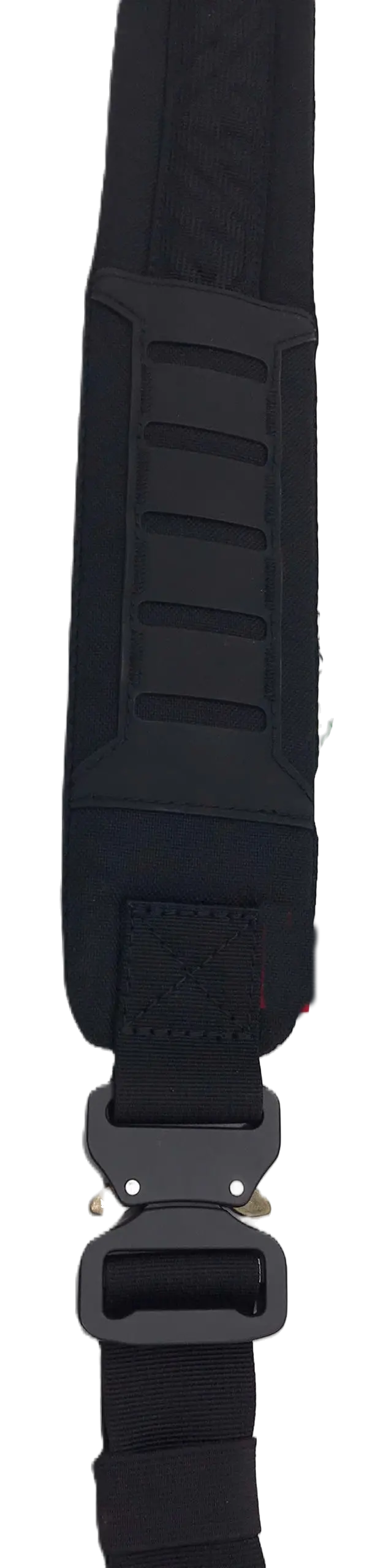 Close-up of the black padded sling strap with ribbed padding sections and a metal quick-release adjustable buckle