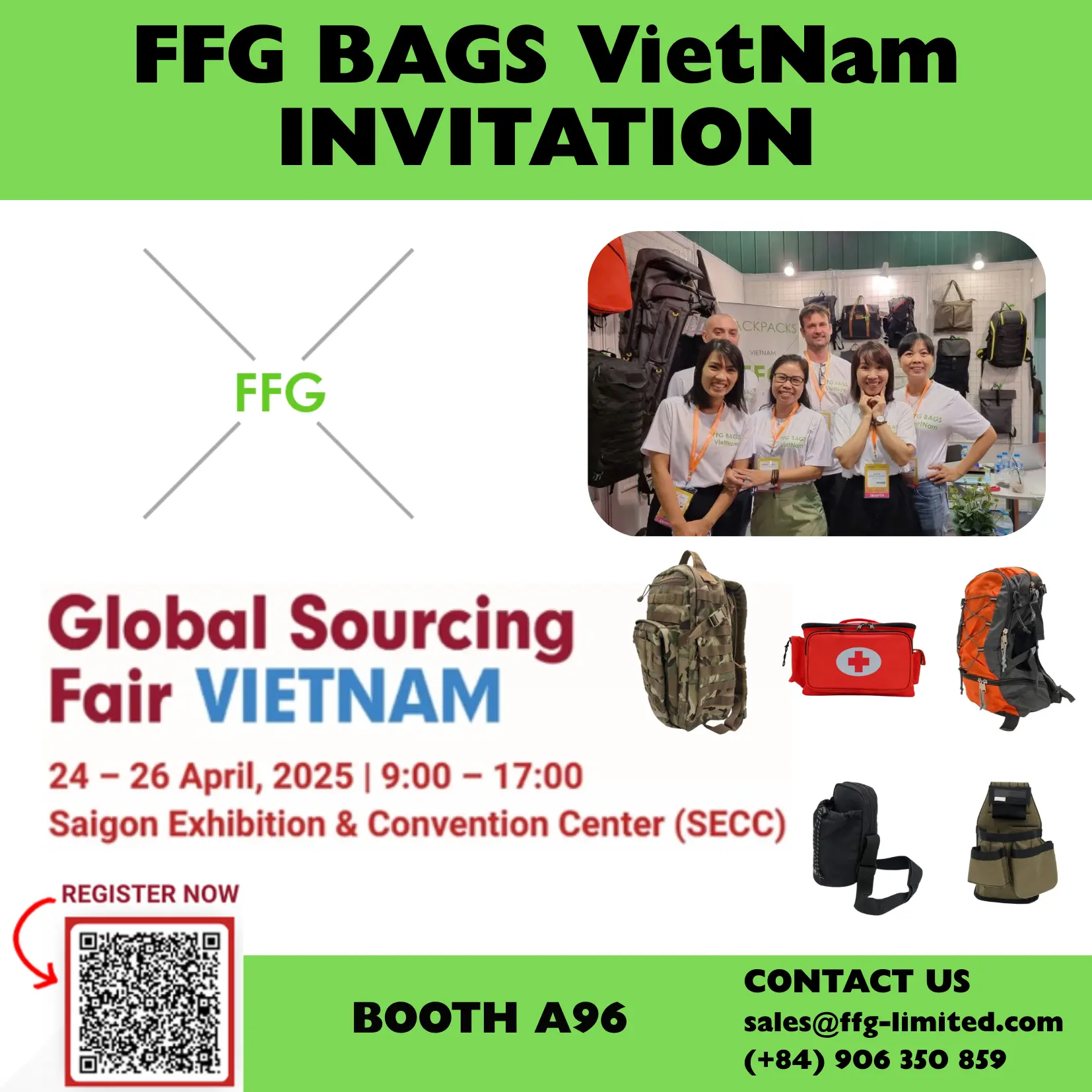Green FFG invitation poster for Global Sourcing Fair Vietnam booth A96 with team photo and sample backpacks