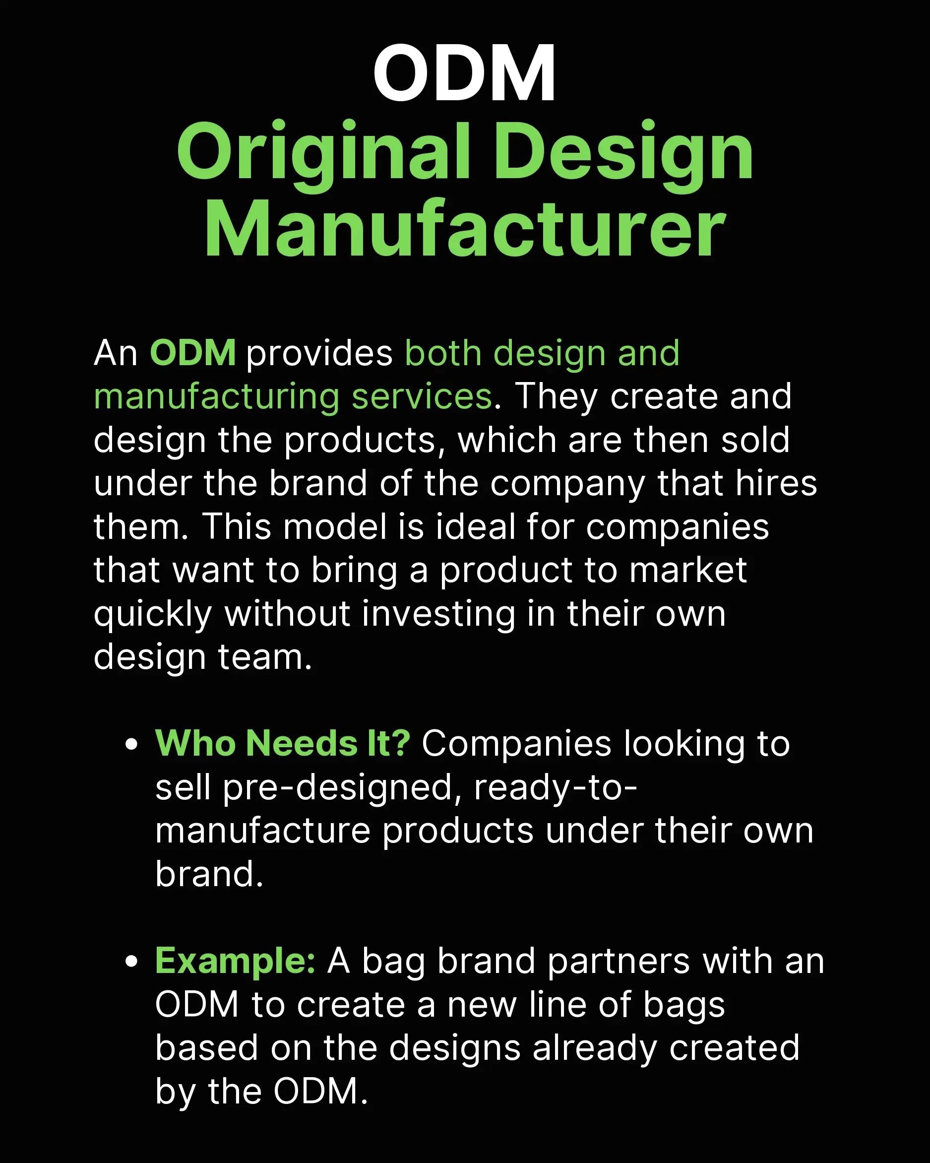 Original Design Manufacturer definition slide describing ODM design and manufacturing services