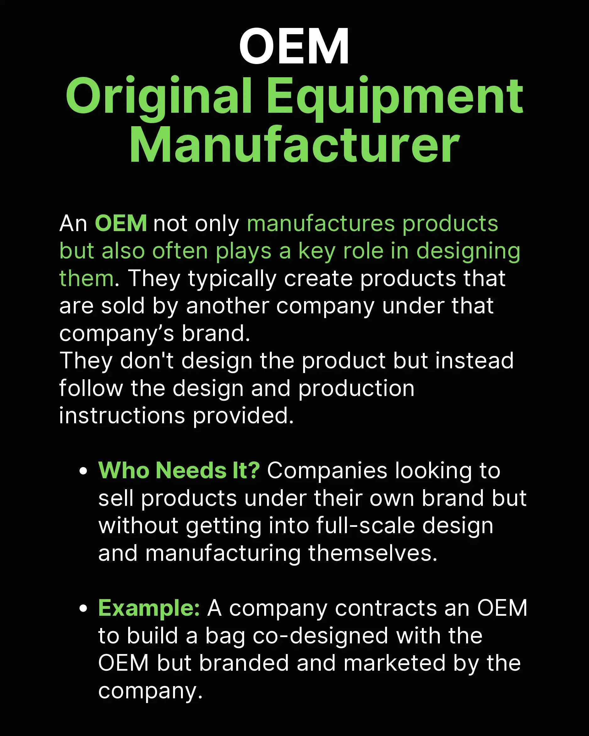 Original Equipment Manufacturer definition with white and green text explaining OEM role