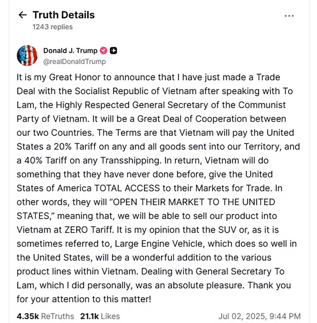 Truth Social post by Donald Trump announcing 20% standard and 40% transshipment tariffs with Vietnam, dated July 2, 2025