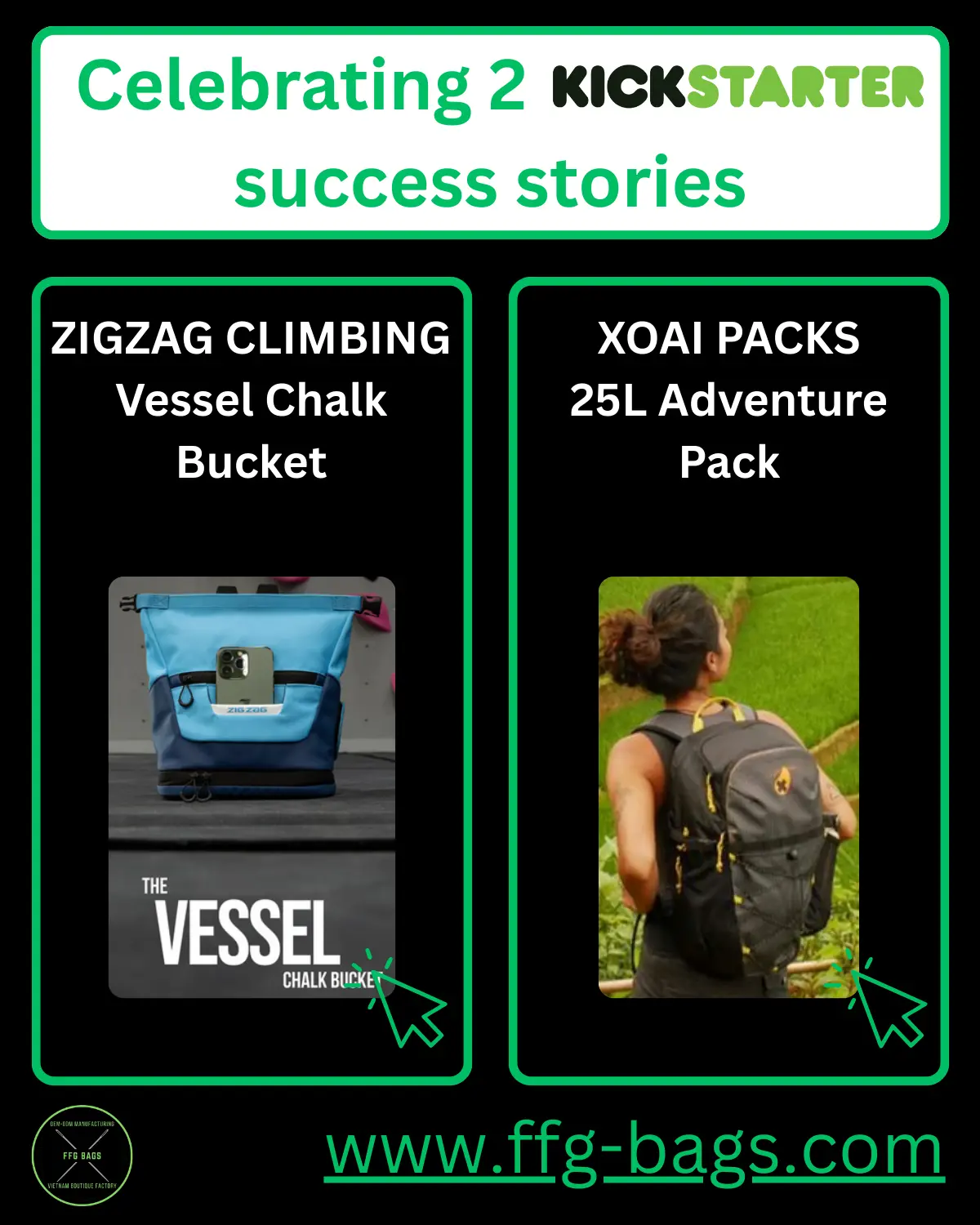 FFG Bags Kickstarter case studies: Zigzag Climbing Vessel Chalk Bucket and Xoai Packs 25L Adventure Pack