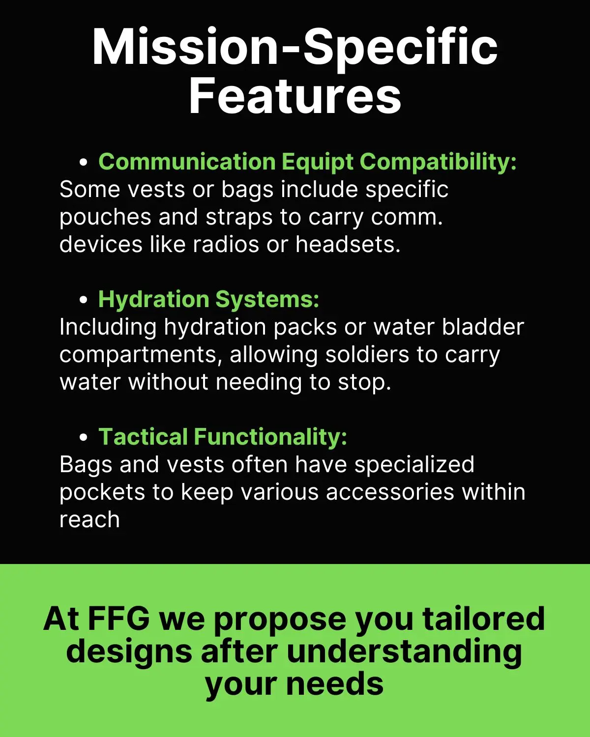 'Mission-Specific Features' slide listing communication equipment compatibility, hydration systems, and tactical pocket functionality for military gear