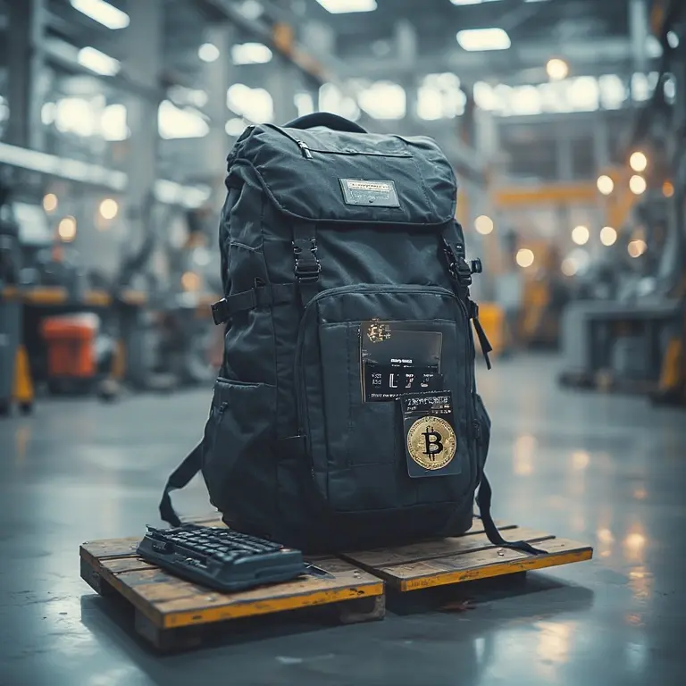 Dark navy technical backpack with Bitcoin logo patch on front, positioned on wooden pallets in industrial warehouse