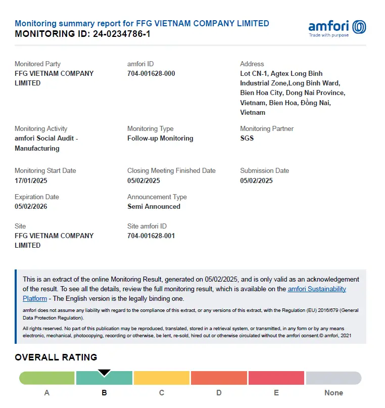amfori BSCI Monitoring summary report for FFG Vietnam Company Limited showing Grade B overall rating, monitoring ID 24-0234786-1, dated 05/02/2025