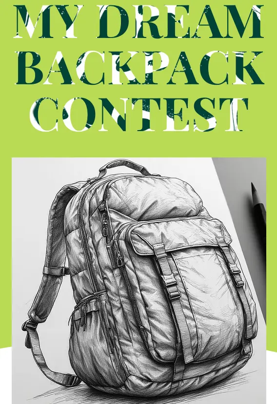 Hand-drawn illustration of tactical backpack with MOLLE straps and multiple compartments on bright yellow-green contest banner