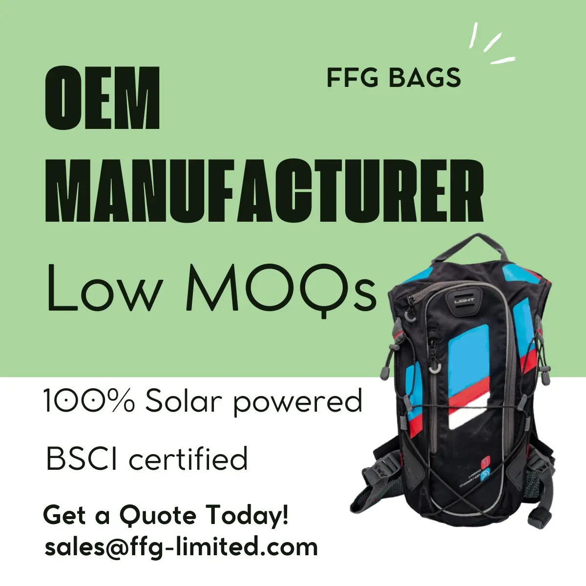 FFG Bags marketing graphic with green background, black and blue tactical backpack with solar panels and red stripe detail against 'OEM MANUFACTURER Low MOQs' text, featuring 100% Solar powered and BSCI certified certifications