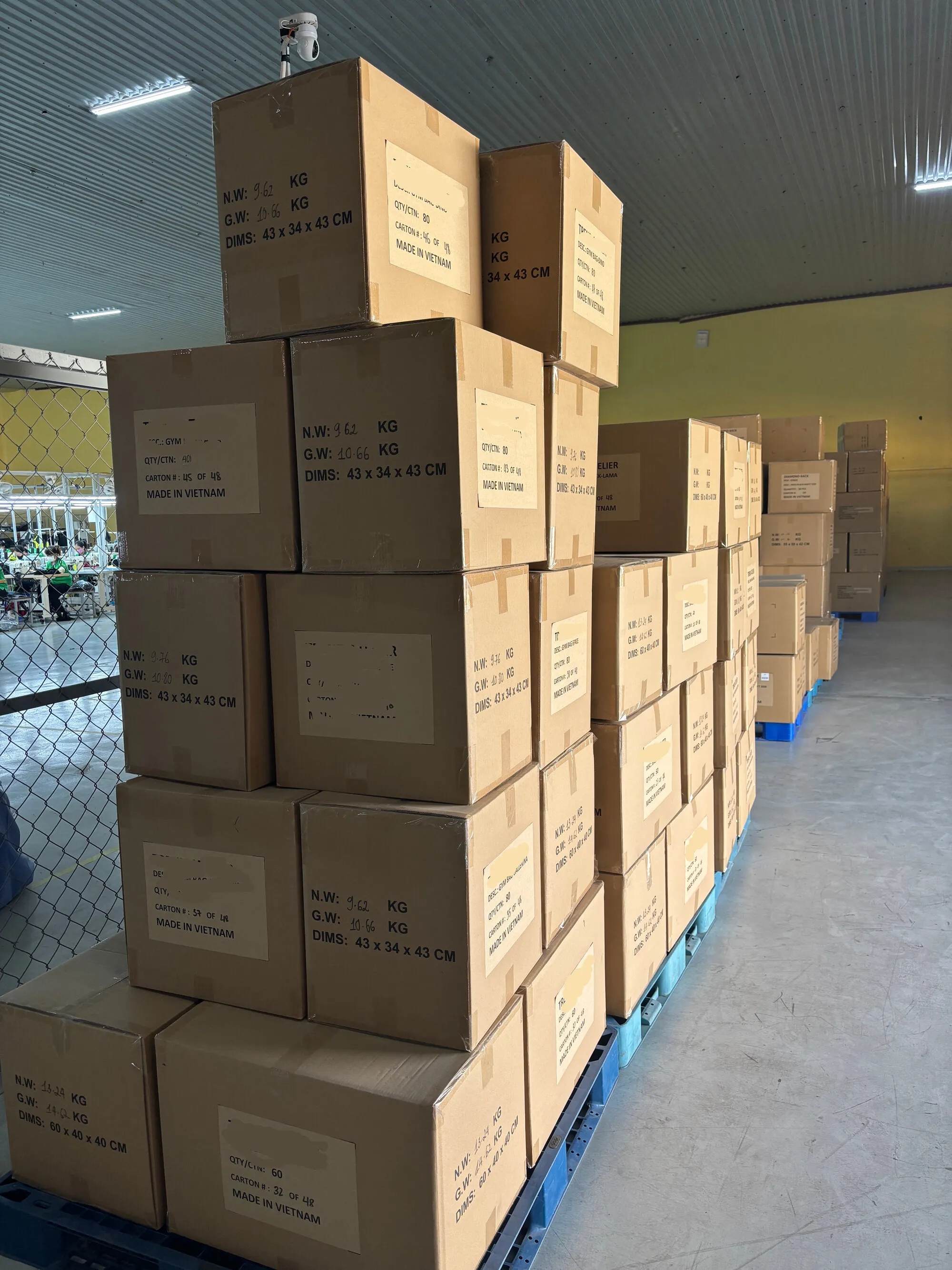 Finished, labelled product cartons on a pallet in the FFG warehouse, ready for export