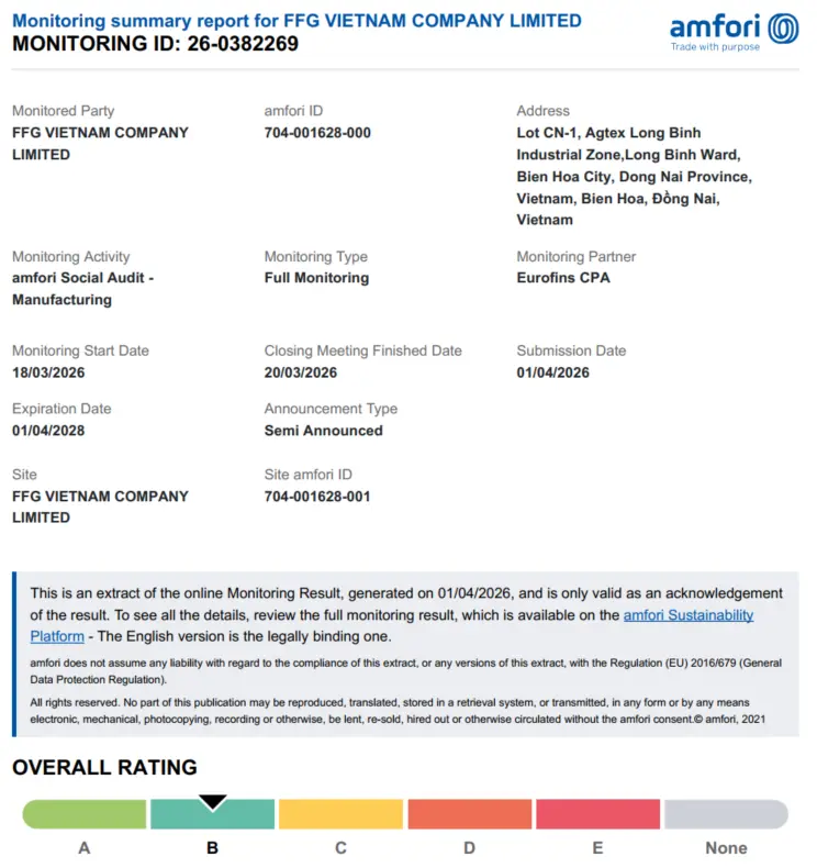 Amfori BSCI monitoring summary report for FFG Vietnam Company Limited showing Grade B overall rating from March 2026 audit