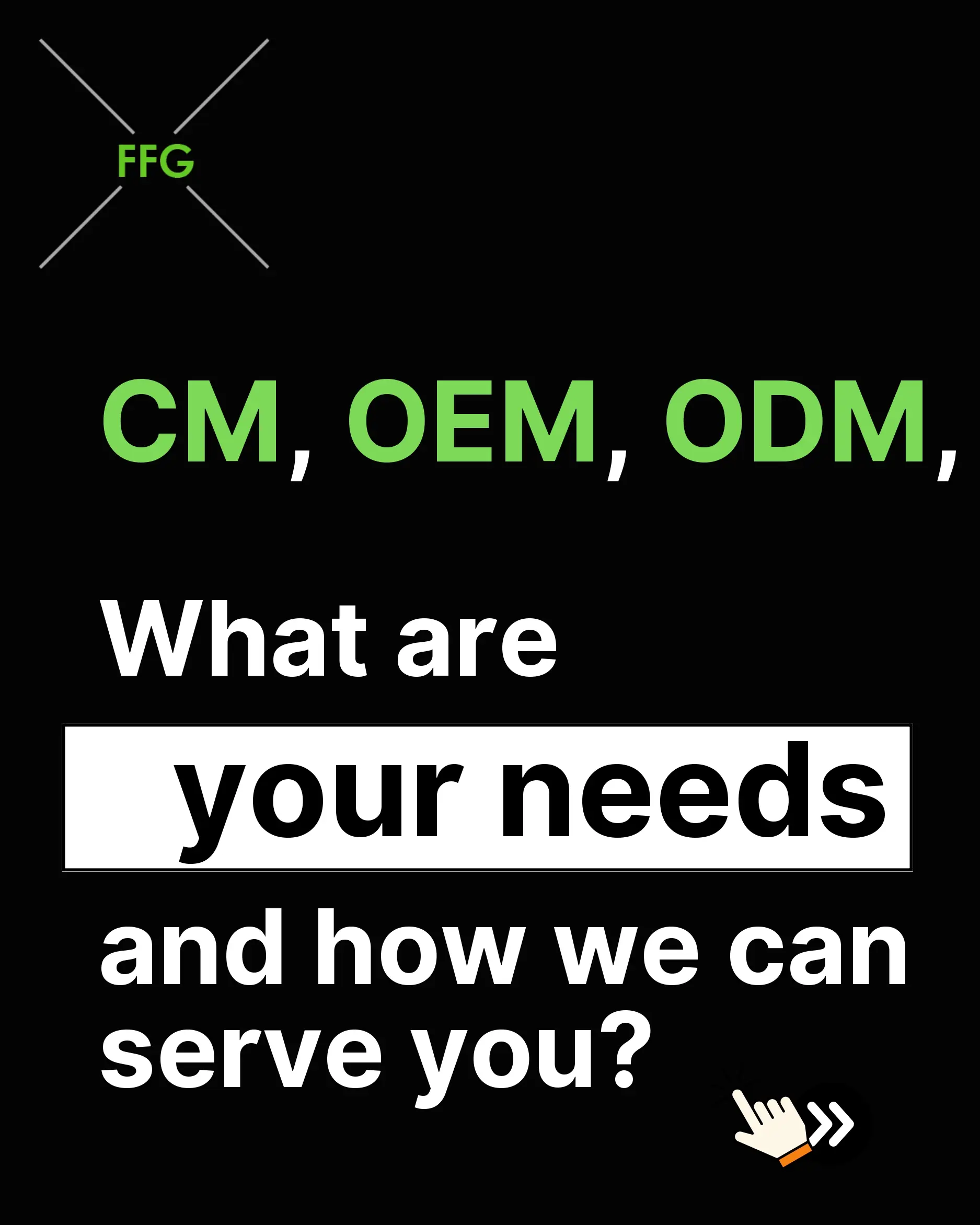 FFG logo with intersecting lines above text CM, OEM, ODM in green on black background