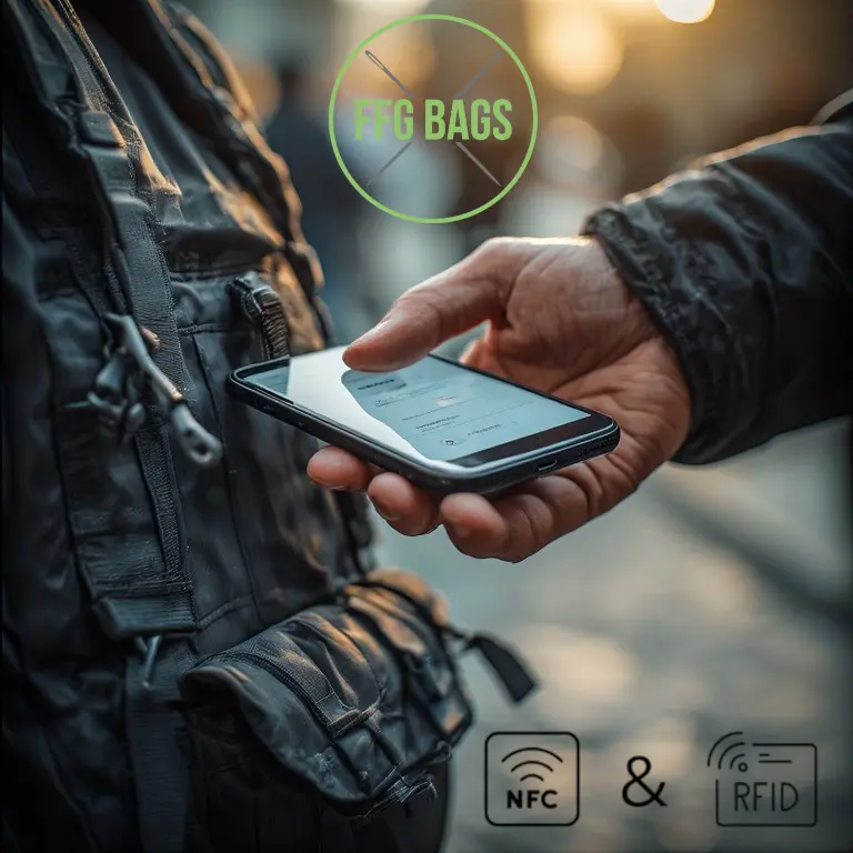 Wearer in dark tactical backpack holding phone displaying NFC and RFID tech interface, FFG Bags logo overlay