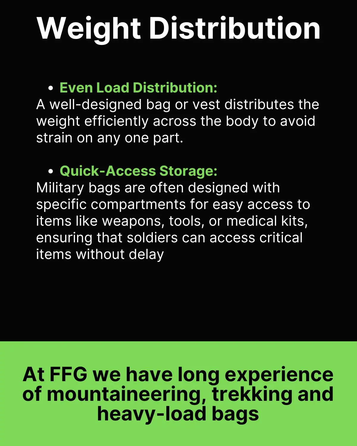 'Weight Distribution' slide on even load distribution, quick-access storage for military bags, and FFG's experience with mountaineering