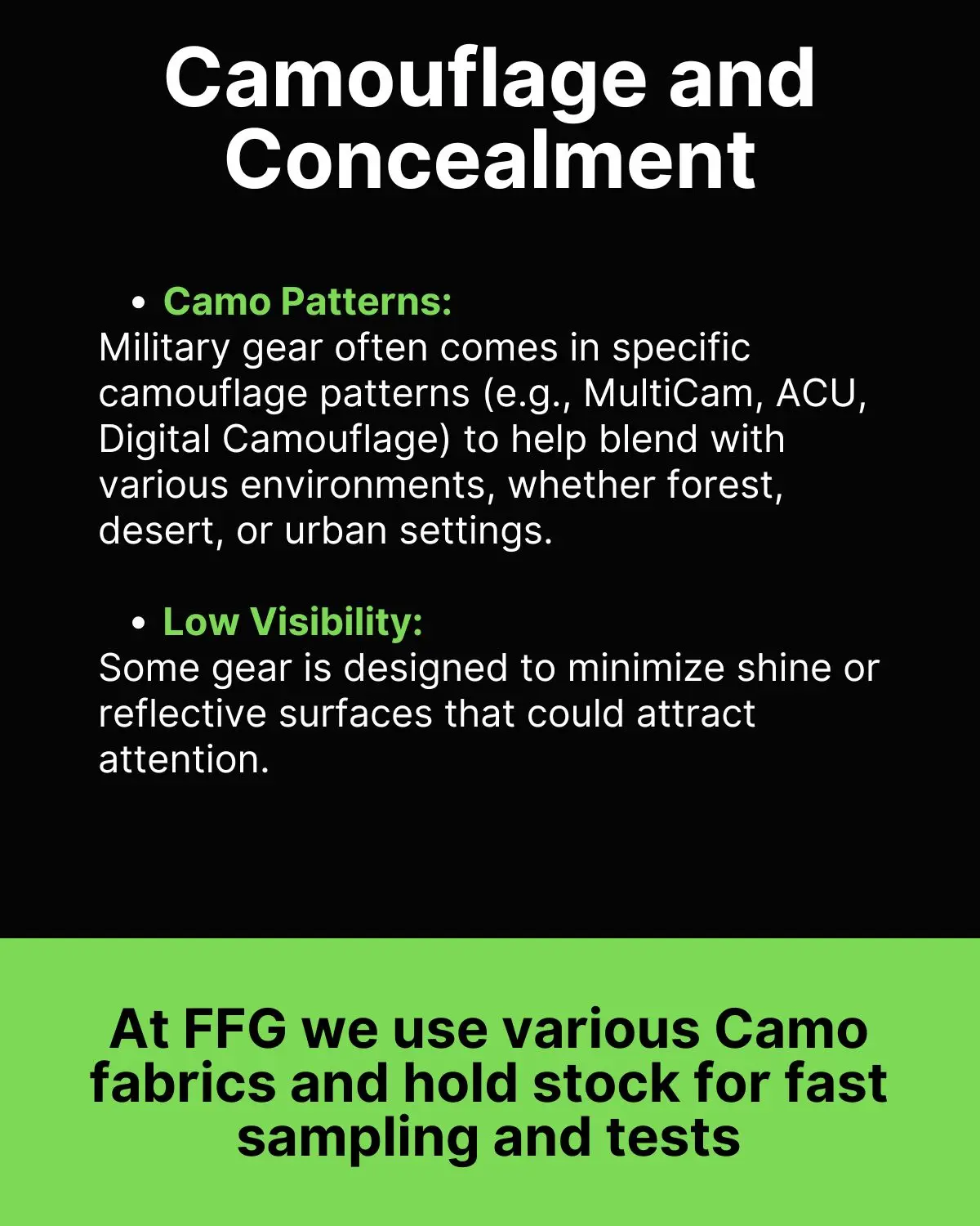 'Camouflage and Concealment' slide detailing camo patterns (MultiCam, ACU, Digital) and low-visibility design for field operations