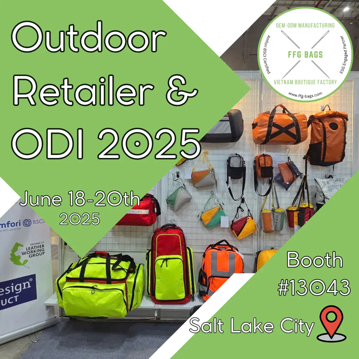 FFG Bags tradeshow poster for Outdoor Retailer ODI 2025 in Salt Lake City, showcasing orange and lime tactical bags with gear at Booth 13043
