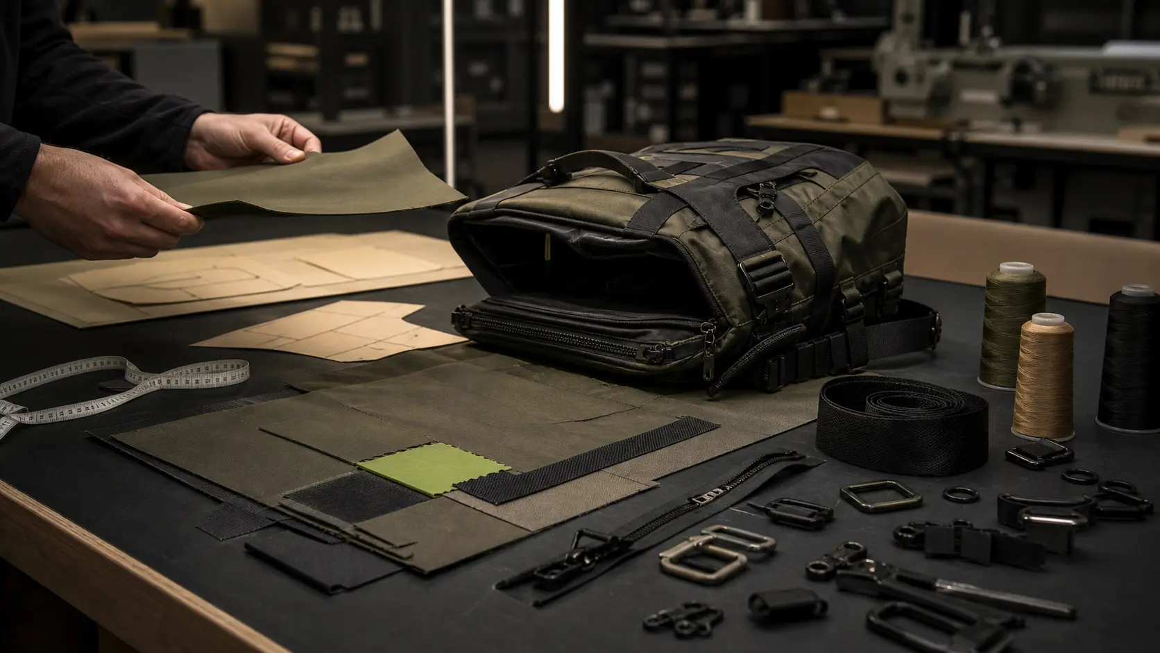 Technical bag materials, pattern pieces and hardware laid out for a manufacturability review on a factory worktable