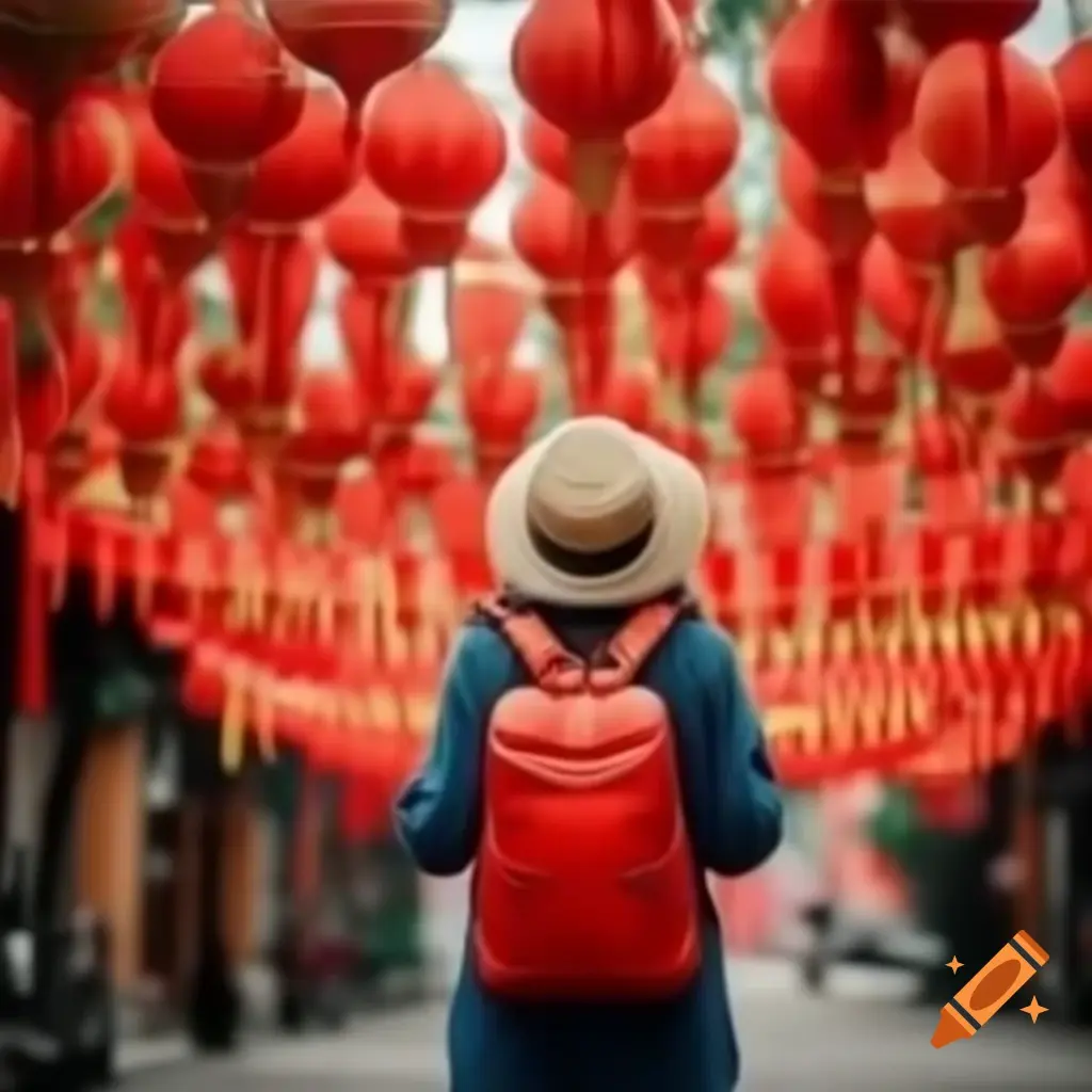 Person in red backpack and straw hat standing in street decorated with red lanterns for Lunar New Year celebration