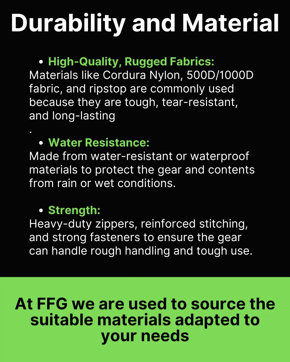 'Durability and Material' slide highlighting Cordura nylon, water resistance, heavy-duty zippers, reinforced stitching, and material sourcing expertise