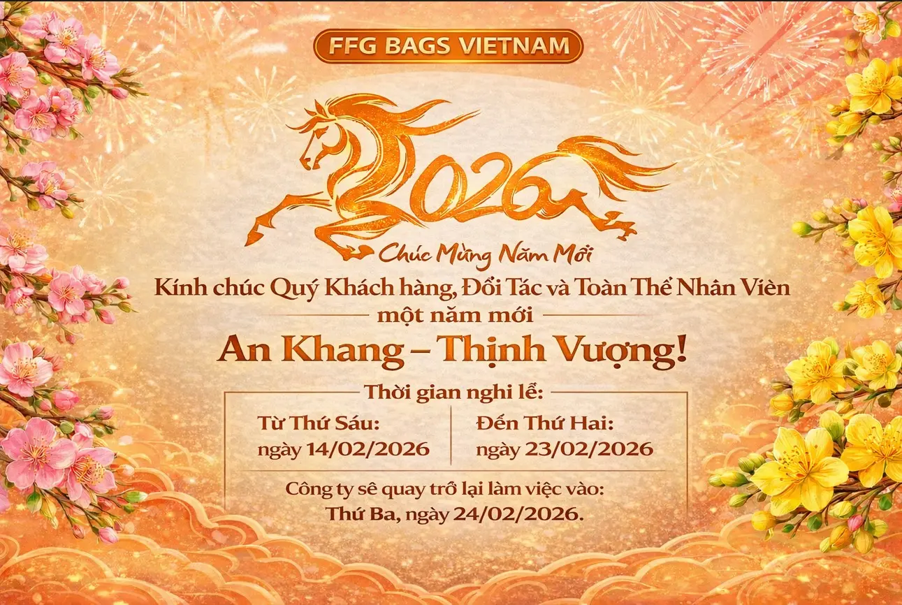 FFG Bags Vietnam 2026 Lunar New Year greeting with orange dragon illustration, pink and yellow spring flowers, brown decorative borders