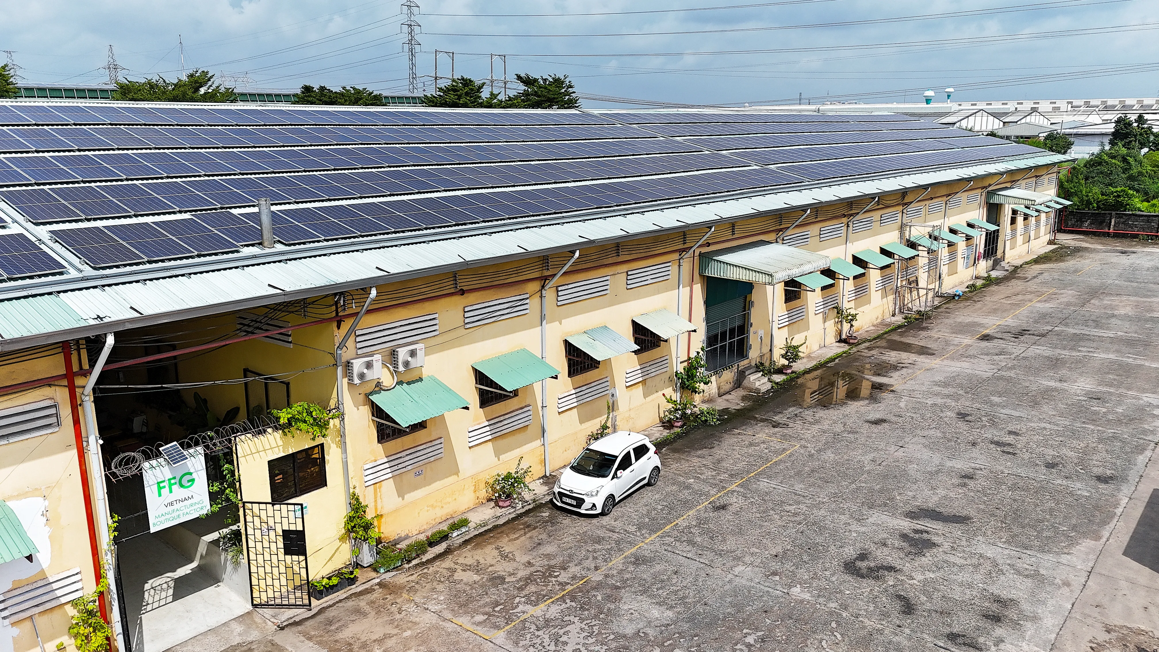 Aerial view of the FFG Bags factory building with rooftop solar panels in Dong Nai, Vietnam