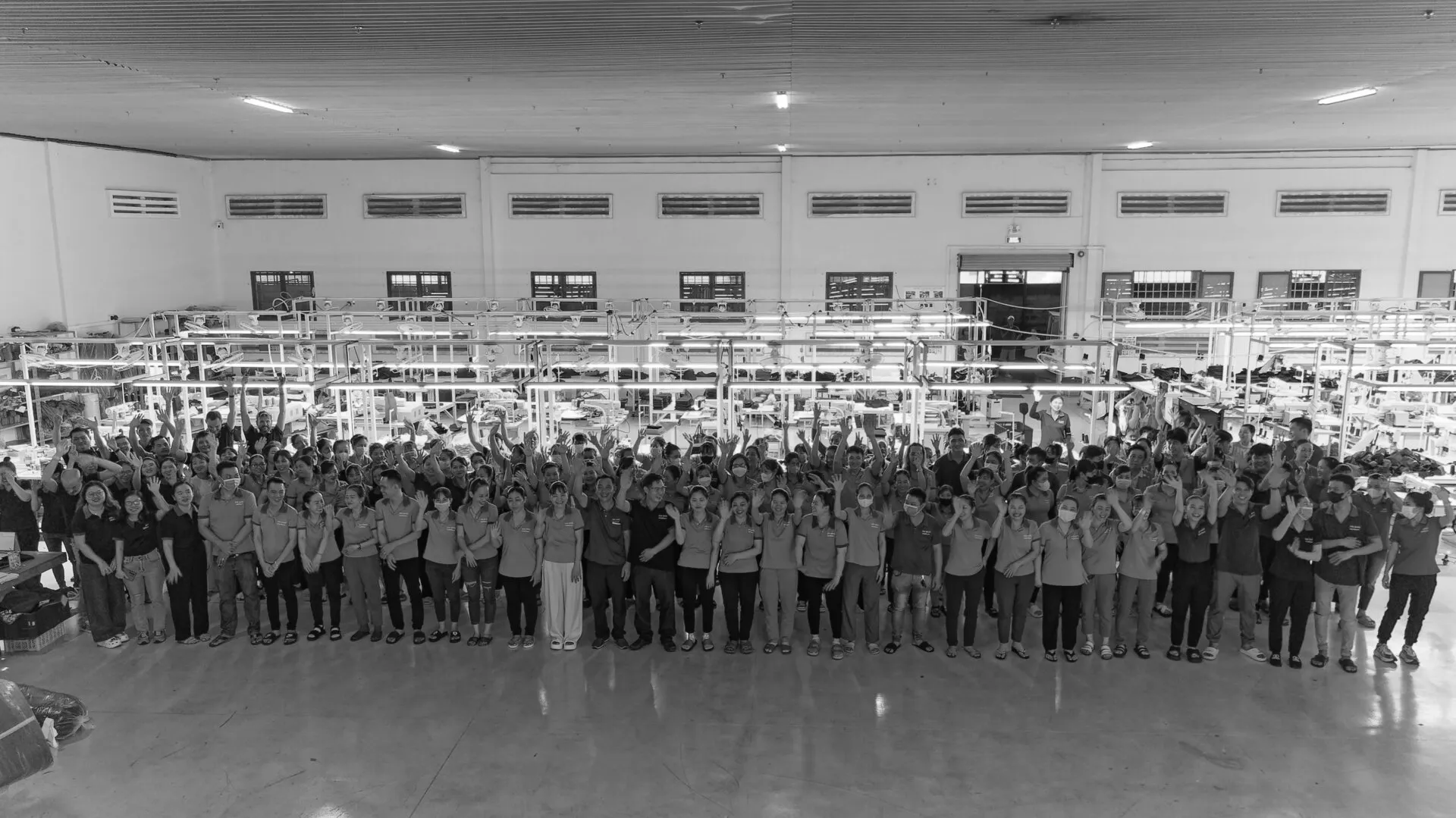 The full FFG Bags workforce gathered together on the production floor of the Bien Hoa factory, Dong Nai, Vietnam