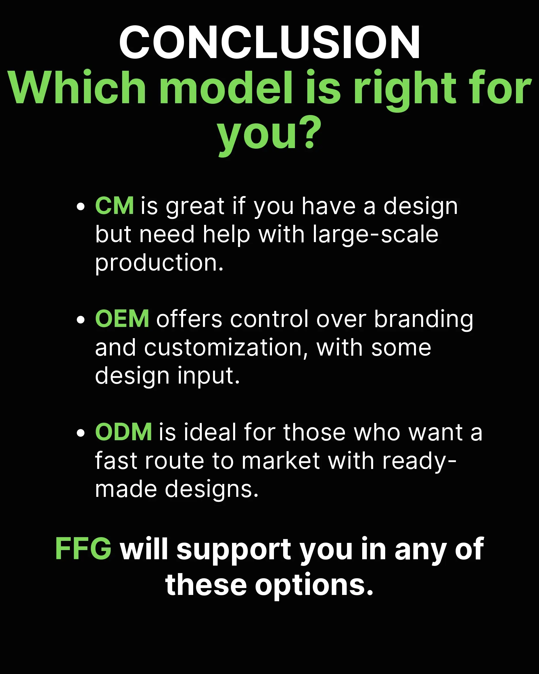 Conclusion slide comparing CM, OEM, and ODM models with FFG Bags supporting all options