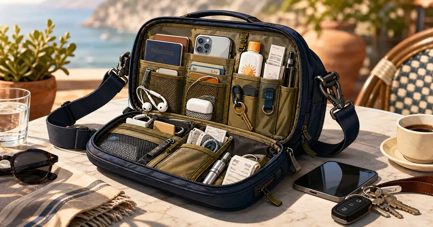 Generated travel illustration of an organized sling bag with many holiday essentials packed into its pockets