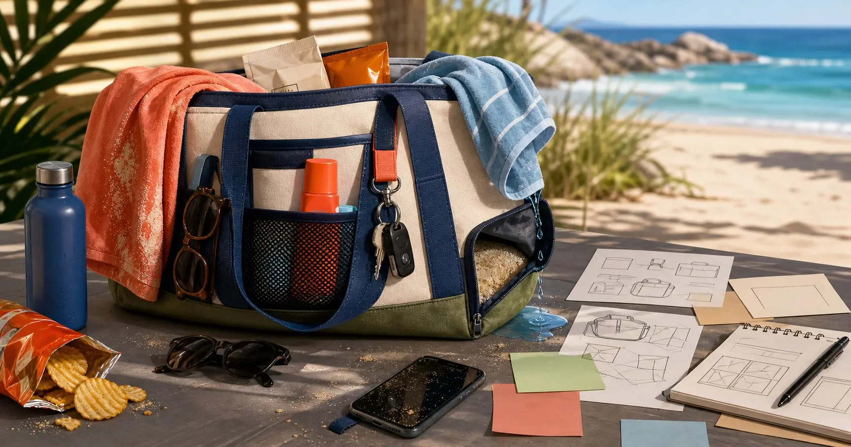 Generated beach-side illustration of a practical beach bag with towel, sunscreen, phone, keys and product notes