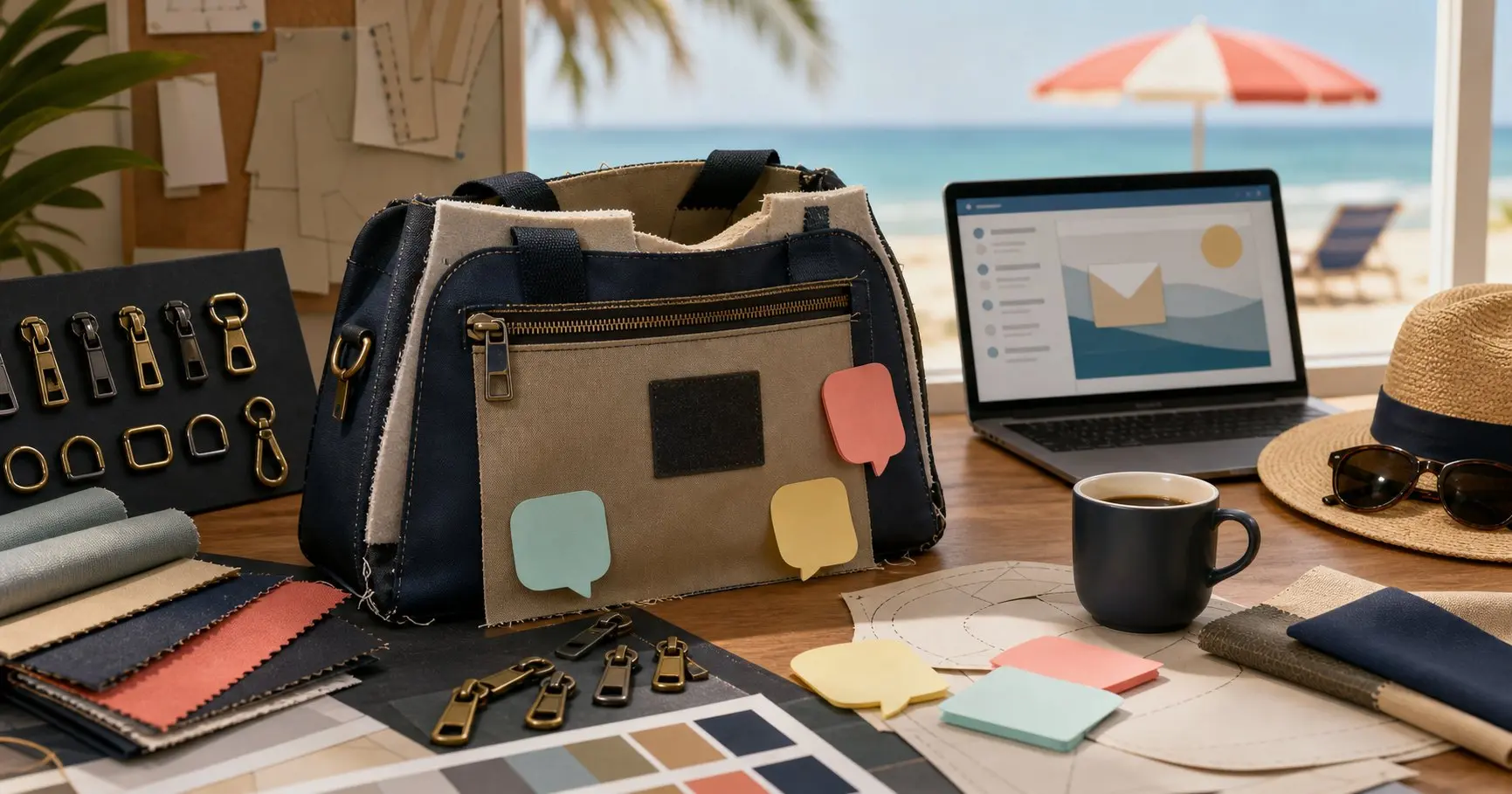 Generated summer sampling illustration of a technical bag prototype waiting for approvals while the buyer is away
