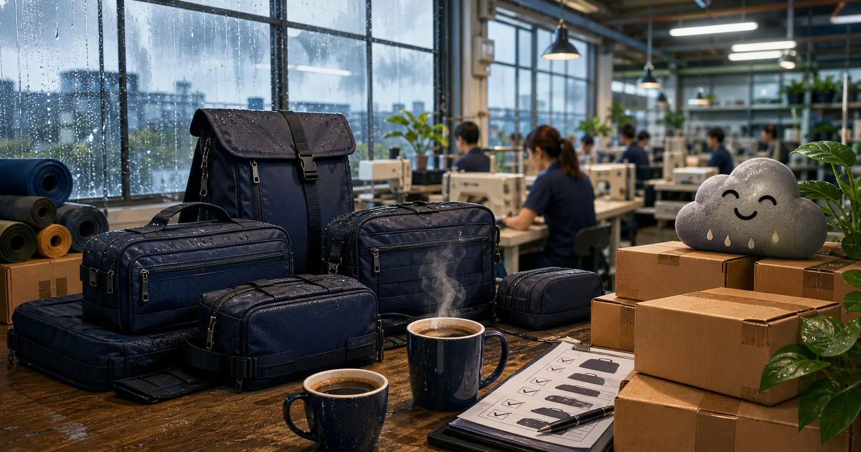 Generated illustration of a Vietnam bag factory during rainy season with coffee cups, packed bags and shipping cartons