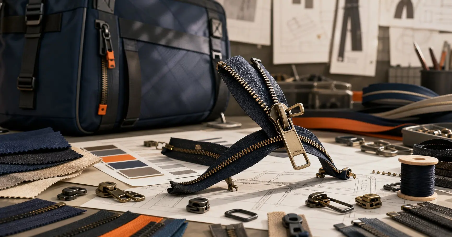 Generated manufacturing illustration of zipper components and pullers spread around a technical bag prototype