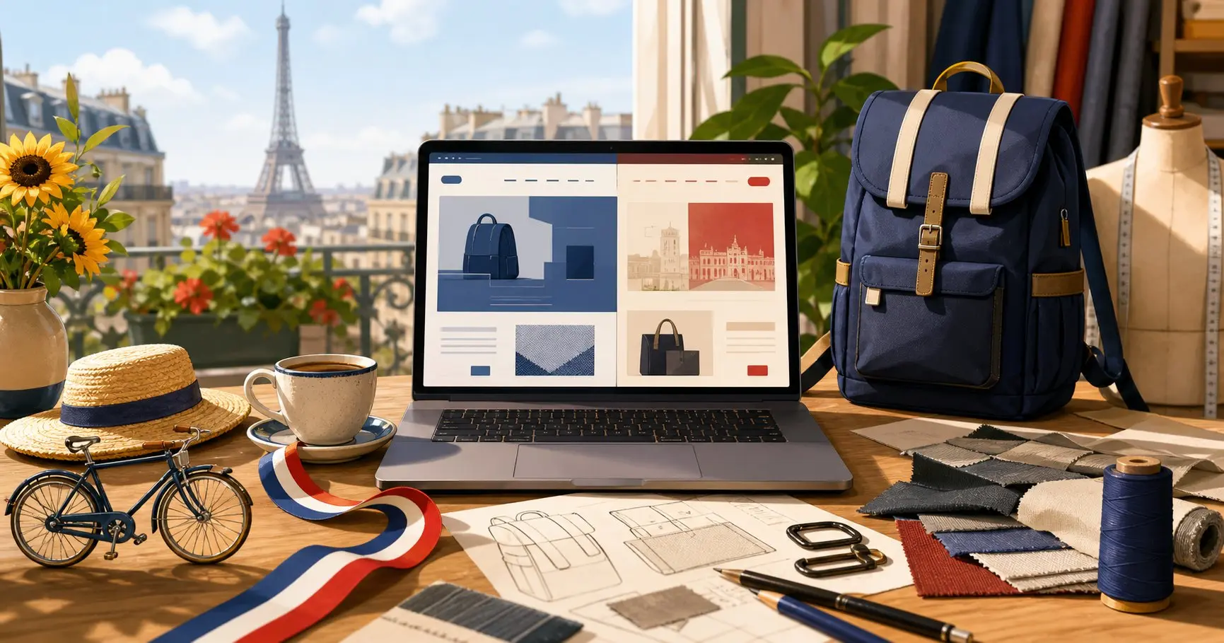 Generated summer illustration of a bilingual website launch with French details, bag sketches and fabric swatches