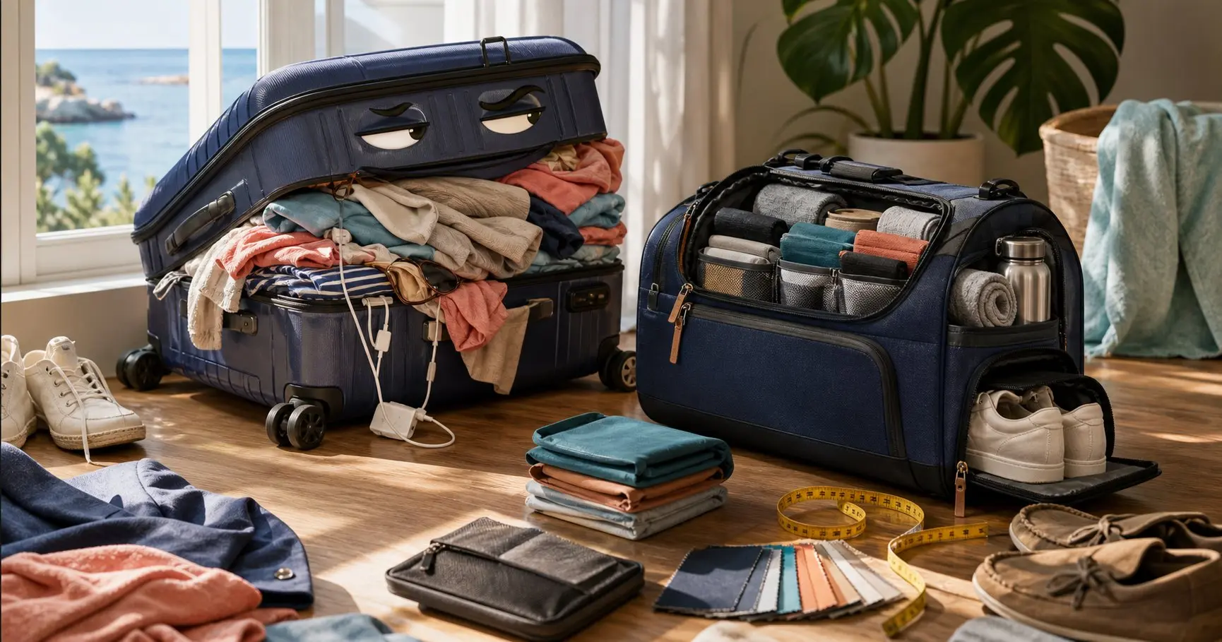 Generated summer illustration of an overpacked suitcase beside an organized technical travel bag