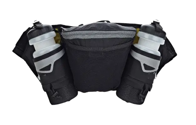 Front view of the black trail hydration belt with two clear bottle holders on each side and a central grey zippered pocket
