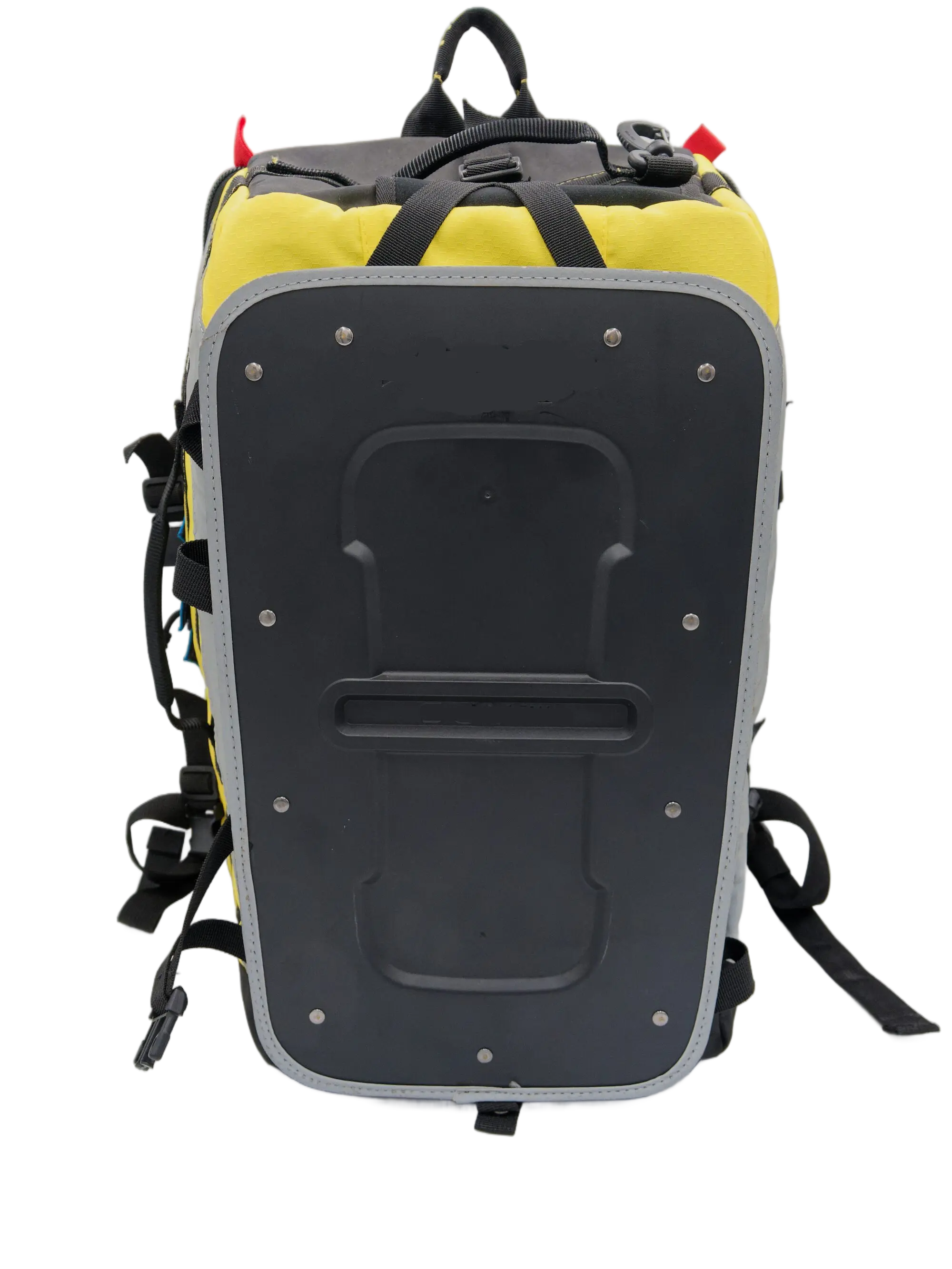 Front view of the black ABS protection panel with rivets and 3M reflective silver stripe mounted on the yellow bag body